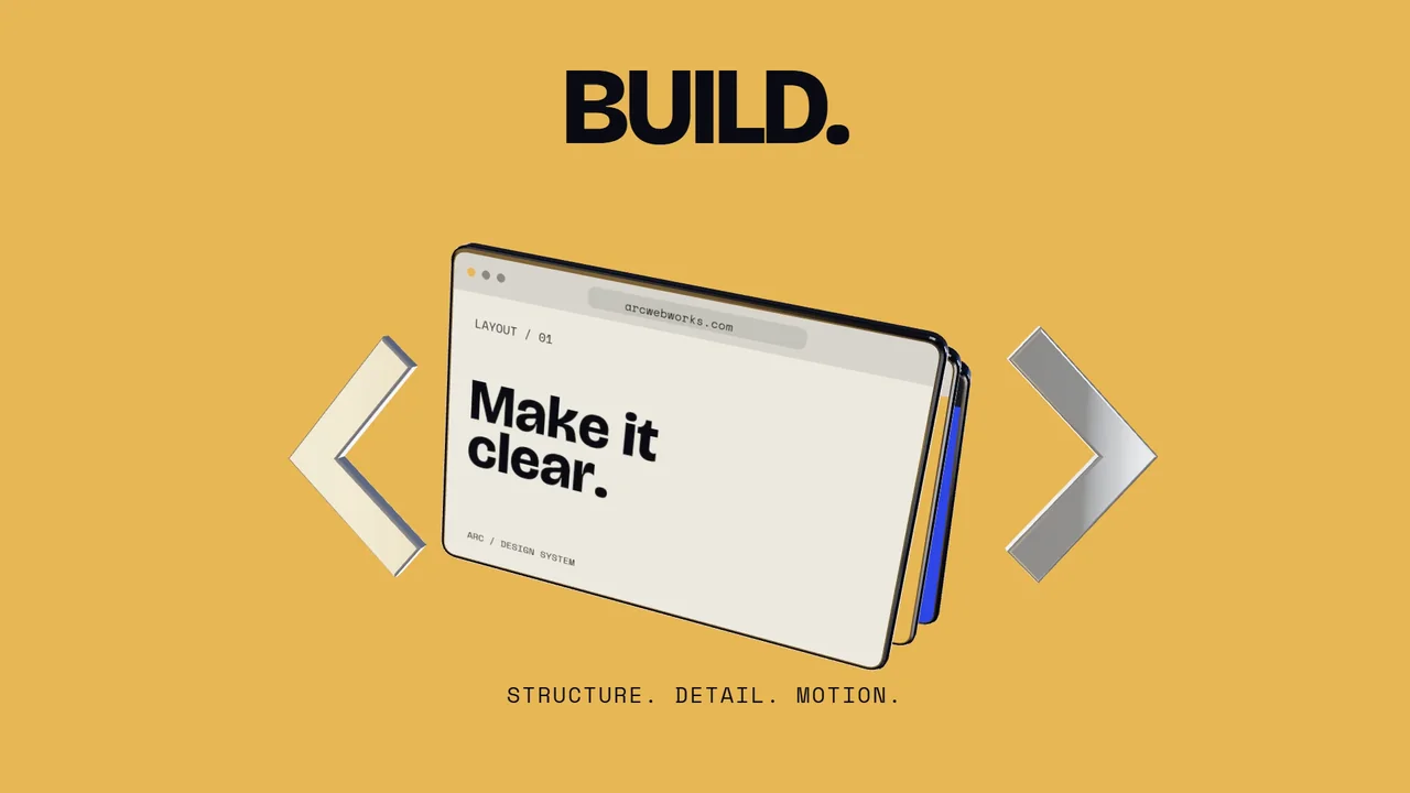 BUILD. Sculptural browser panels between metallic code brackets on an amber background.