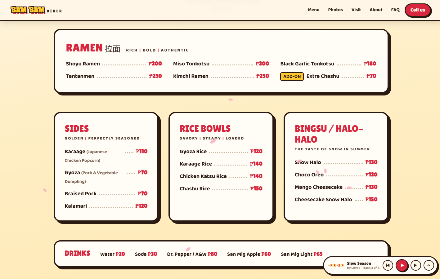 Bambam Diner menu page