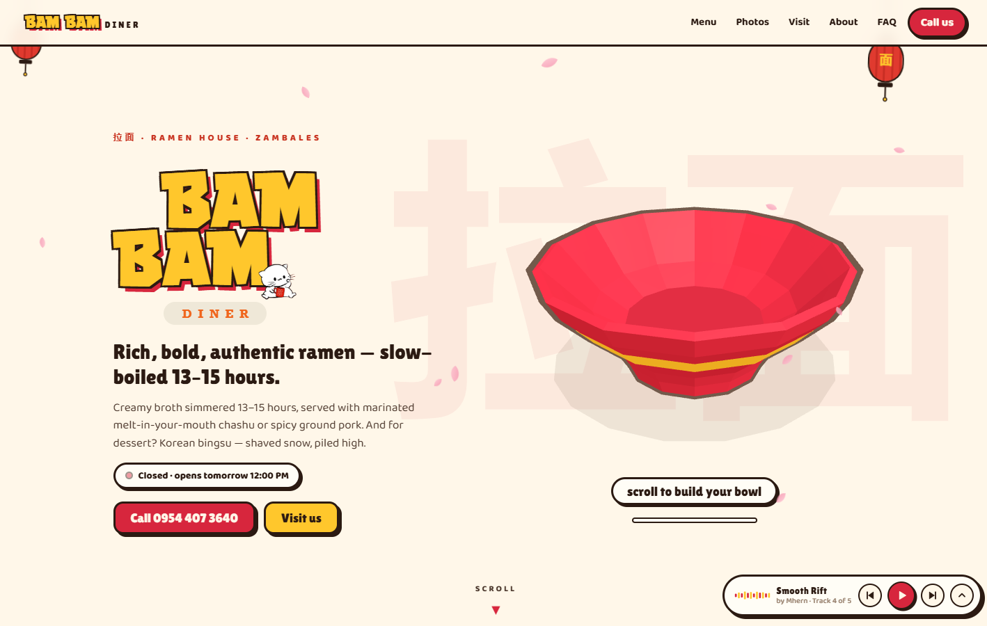 Bambam Diner homepage hero with the 3D ramen bowl