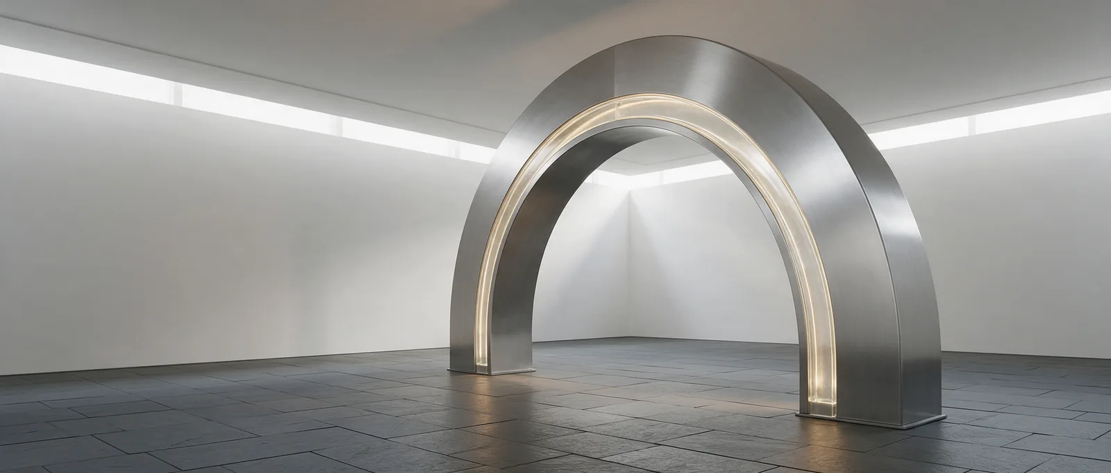 Brushed metal arc with a warm illuminated channel inside a minimalist gallery