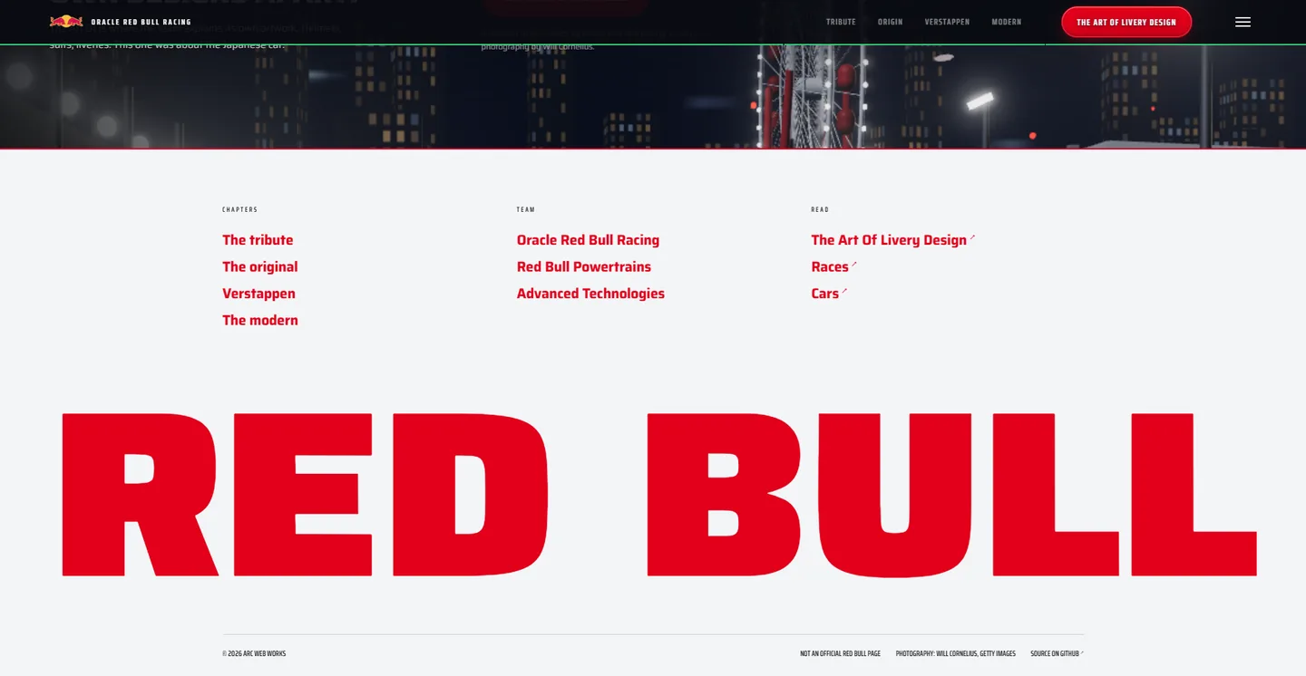 The footer, with the chapter index, team links and an oversized Red Bull wordmark