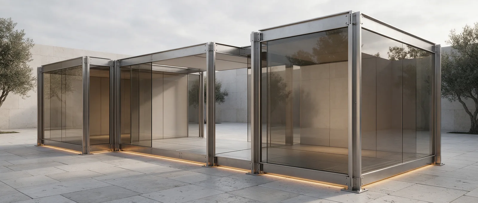 Three connected glass and titanium pavilions increasing in size