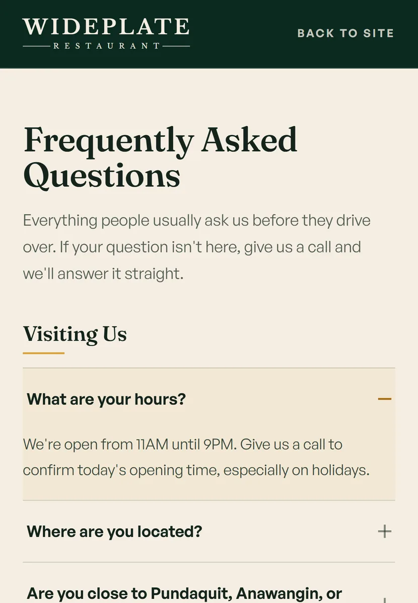 Wideplate's FAQ accordion on a phone