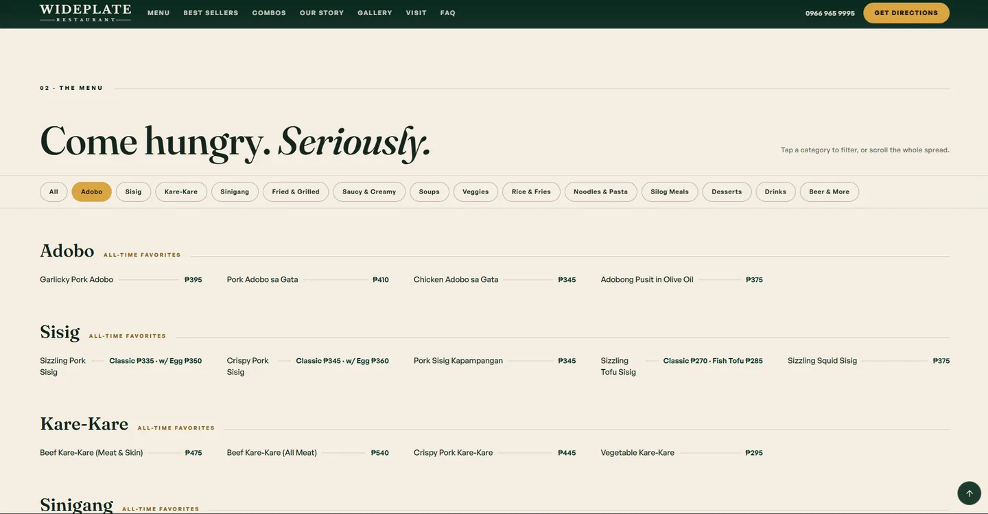Wideplate's menu page with the category filter chips