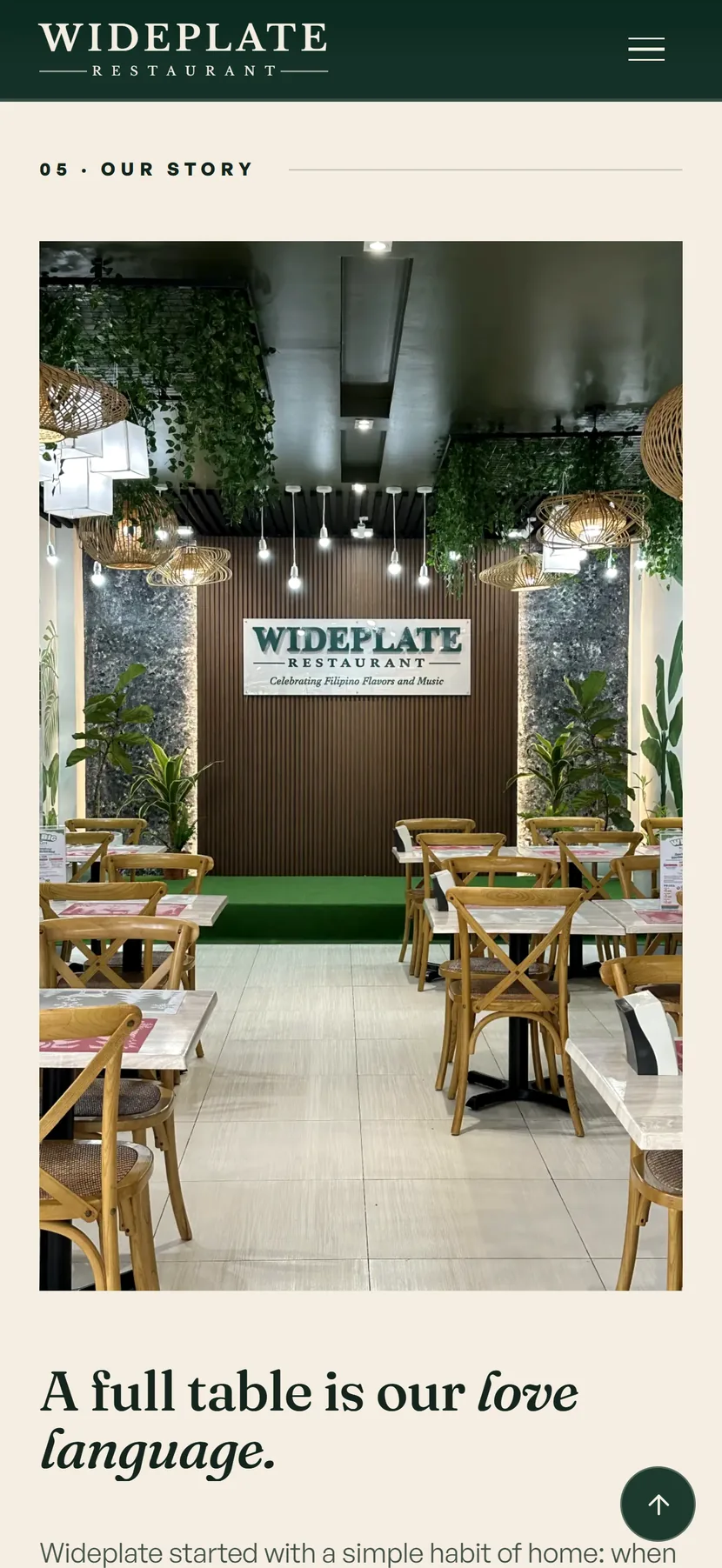 Wideplate's Our Story section on a phone