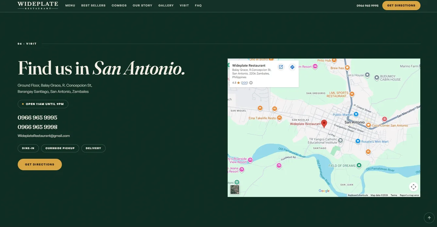 Wideplate's Visit section with the address, hours and the opened map